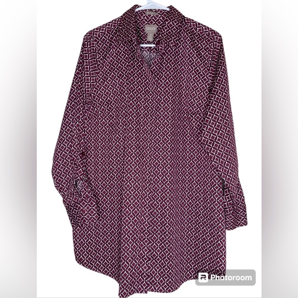 Chico’s Cotton Travel Button Down Print 3/4 Sleeve Medium